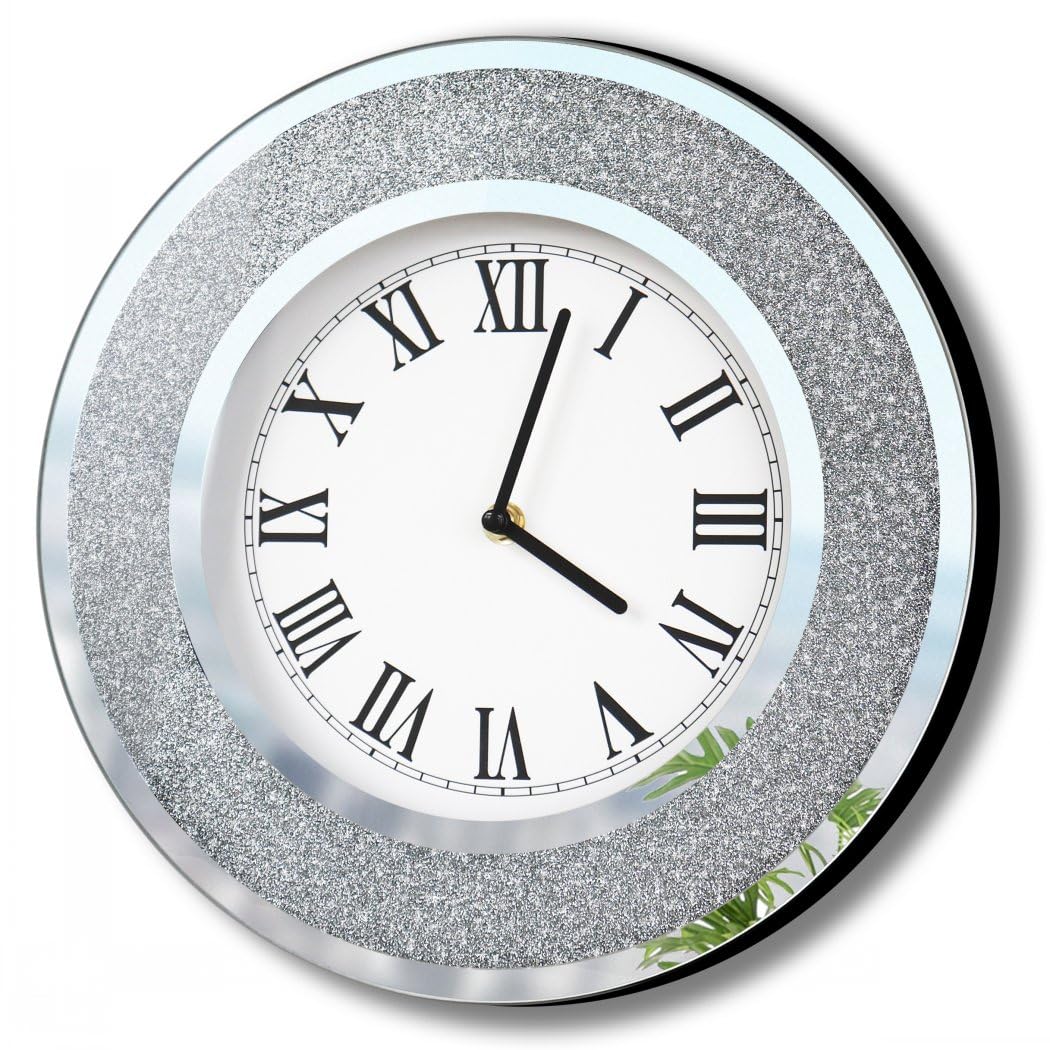 DMDFIRST Bling Silver Round Mirror Clock 12 inch Glam Sparkle Twinkle Shining Mirror Wall Clock for