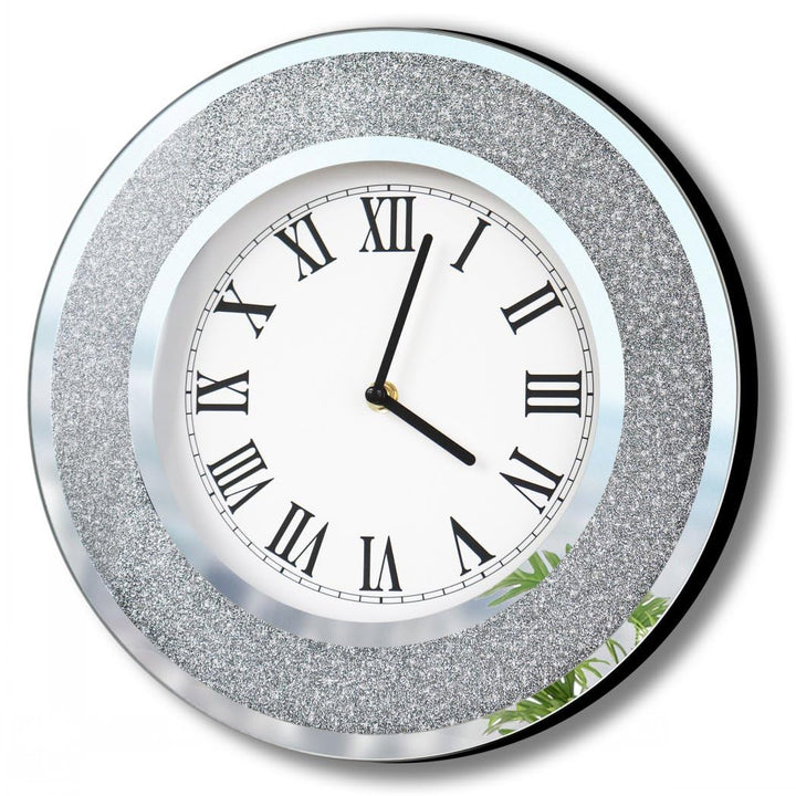 DMDFIRST Bling Silver Round Mirror Clock 12 inch Glam Sparkle Twinkle Shining Mirror Wall Clock for