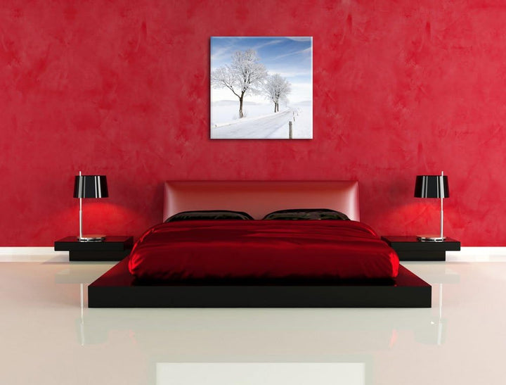 Pixxprint Baum im Schnee, Format: 70x70 auf Leinwand, XXL riesige Bilder fertig gerahmt mit Keilrahm