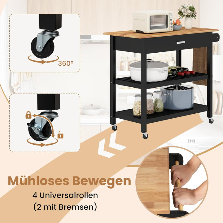 COSTWAY Küchenwagen, Mobile Kücheninsel mit Arbeitsplatte, 3-stöckiger Küchenrollwagen mit 2 offenen