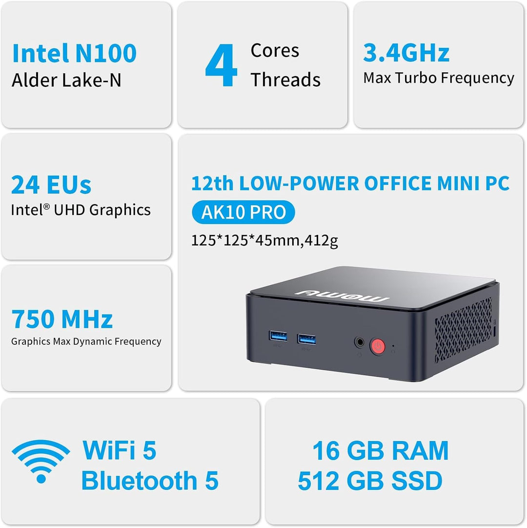 AWOW Mini PC mit N100 (bis 3,4 GHz), 16GB DDR4 RAM, 512GB SSD, Wi-11 Pro, 4K UHD, Dual Display, WiFi