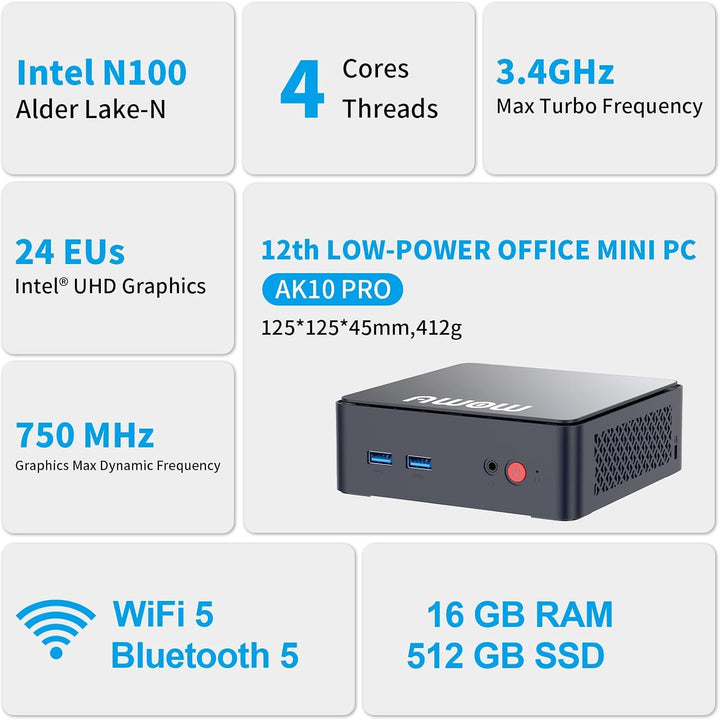 AWOW Mini PC mit N100 (bis 3,4 GHz), 16GB DDR4 RAM, 512GB SSD, Wi-11 Pro, 4K UHD, Dual Display, WiFi