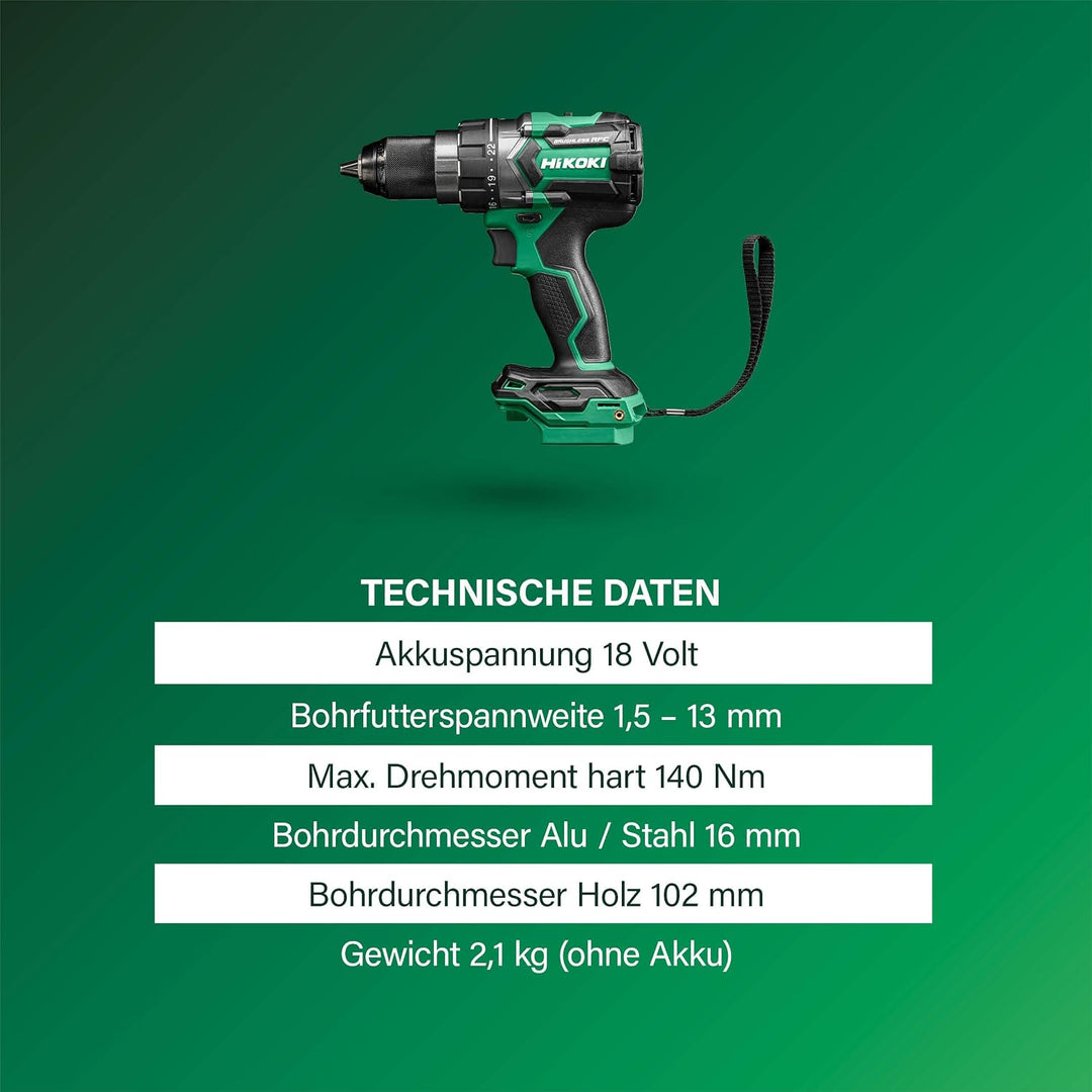 HIKOKI Akku Bohrschrauber DS18DCWPZ, Bohrfutterweite: 1,5-13 mm (18V, 5,0 Ah Li-ion Akku, Max. Festd