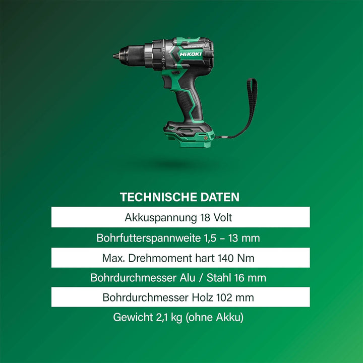 HIKOKI Akku Bohrschrauber DS18DCWPZ, Bohrfutterweite: 1,5-13 mm (18V, 5,0 Ah Li-ion Akku, Max. Festd