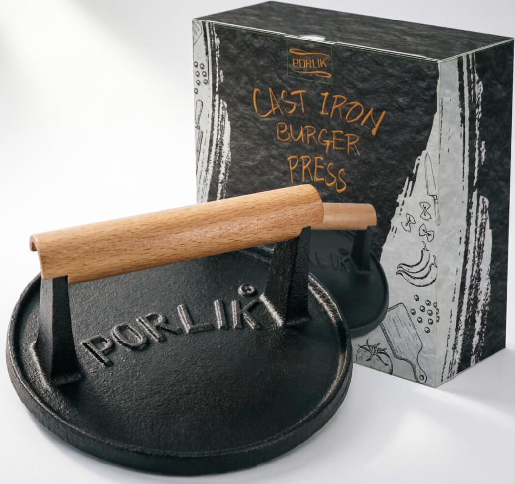 porlik Burgerpresse Gusseisen,Gro?er Burger Smasher (17.7cm) mit hitzeabweisendem Griff,Burger Press