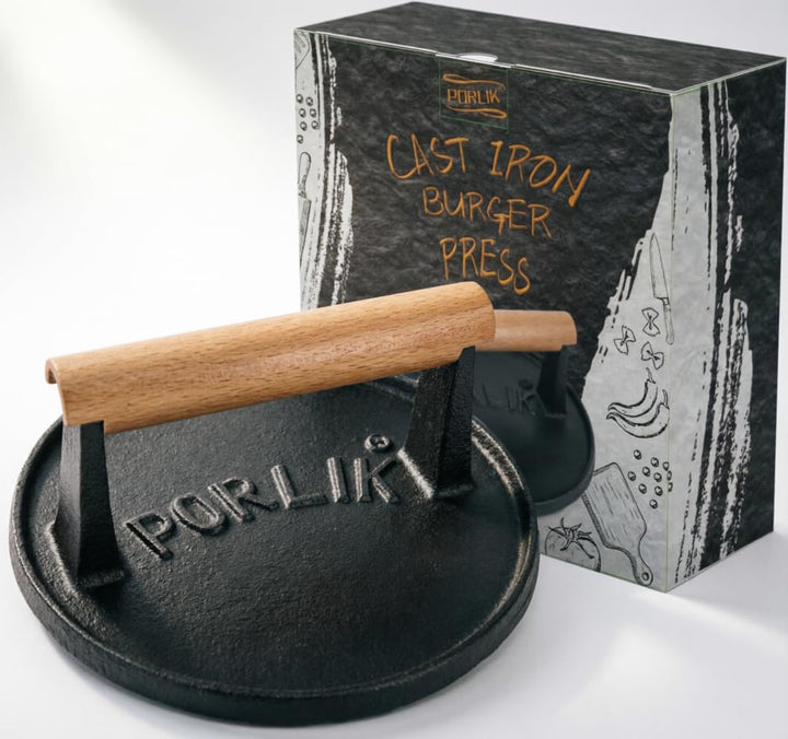 porlik Burgerpresse Gusseisen,Gro?er Burger Smasher (17.7cm) mit hitzeabweisendem Griff,Burger Press