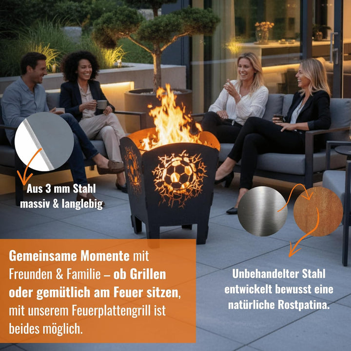 Terma Stahldesign Feuerkorb Fussball inkl. Grillplatte Feuerplatte Feuertonne massiv Stahl Feuerstel