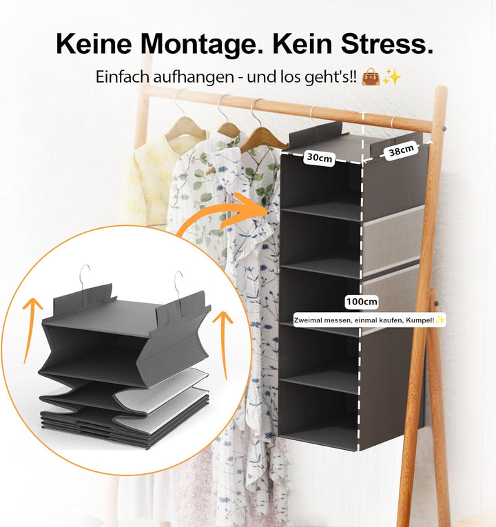 Extra Tiefer Hängeorganizer Schrank | Kleiderschrank Organizer mit 5 Fächern | Mesh-Taschen | Stabil