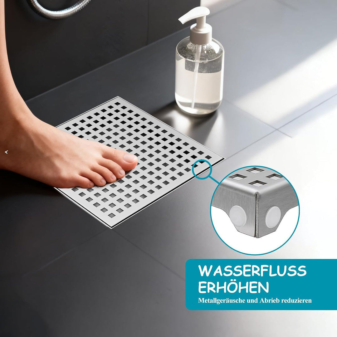 20x20cm Bodenablauf mit 360° Siphon, Duschablauf mit Edelstahlsieb & Schnellentwässerung für Dusche,