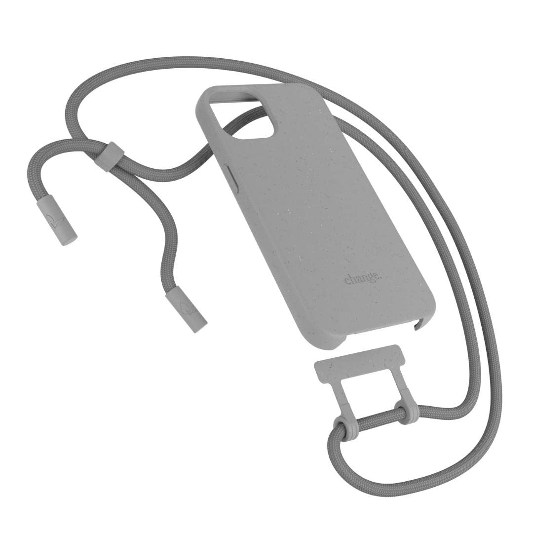 Woodcessories - Nachhaltige Handykette abnehmbar kompatibel mit iPhone 13 Mini Hülle mit Band grau -