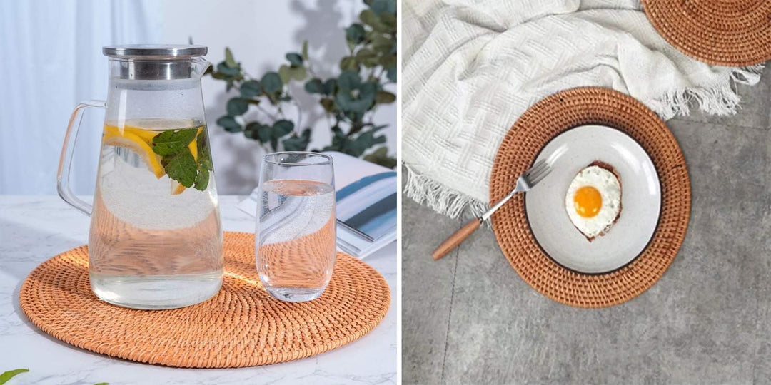 DAWN FLAME Set Mit 2 Handgewebten Tischsets aus Natürlichem Rattan Hitzebeständiger Unterlage Dreibe