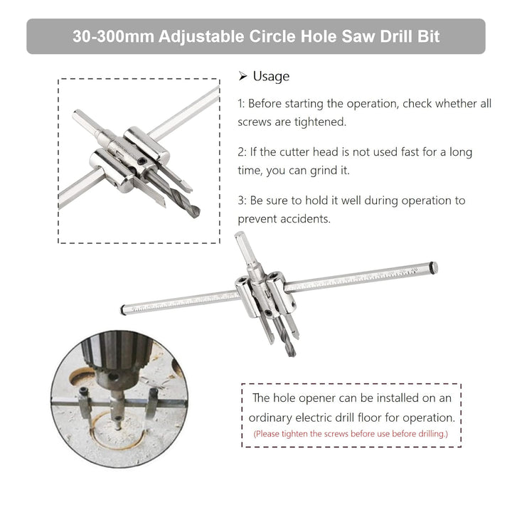 Kreisschneider, 30-300mm Lochs gen-Set Bohrer-Set Einstellbarer Bohrer Holz Einstellbare Silber Krei