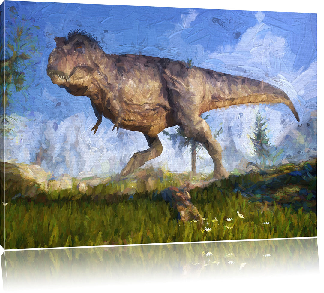 Pixxprint T-Rex Dinosaurier in der Natur Kunst Pinsel Effekt, Format: 100x70 auf Leinwand, 100x70