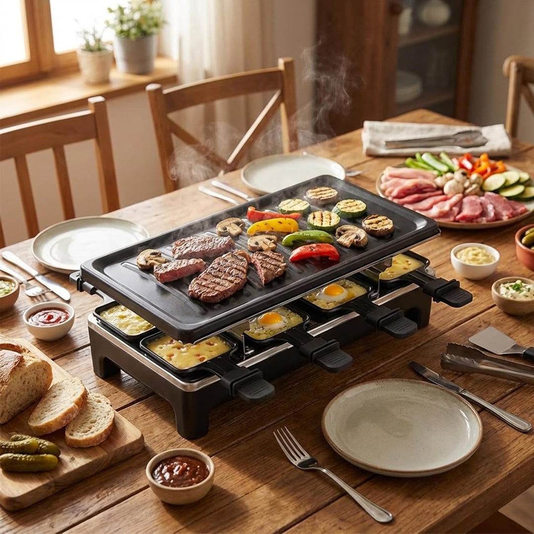 2-in-1 Raclette Set 8 Personen mit 8 Raclette Pfännchen, 40 x 20 cm | Antihaft Beschichtung Grillpfa