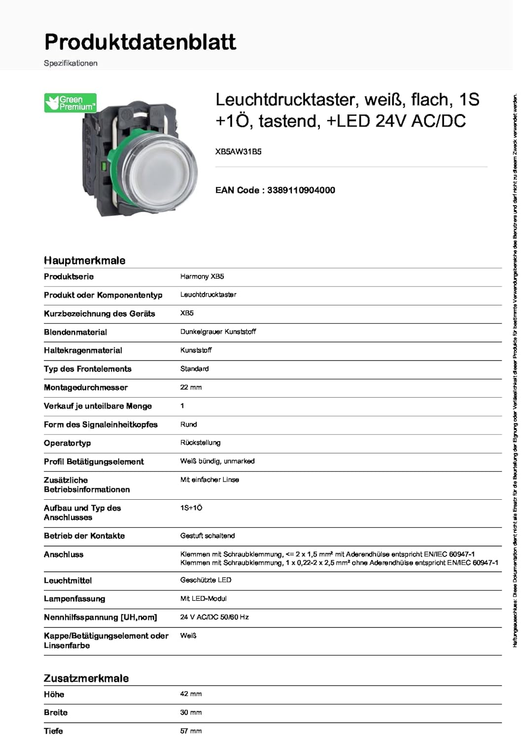 Schneider Electric | XB5AW31B5 - Leuchtdrucktaster, weiss, flach, 1S+1Ö, tastend, 24V AC/DC, LED wei