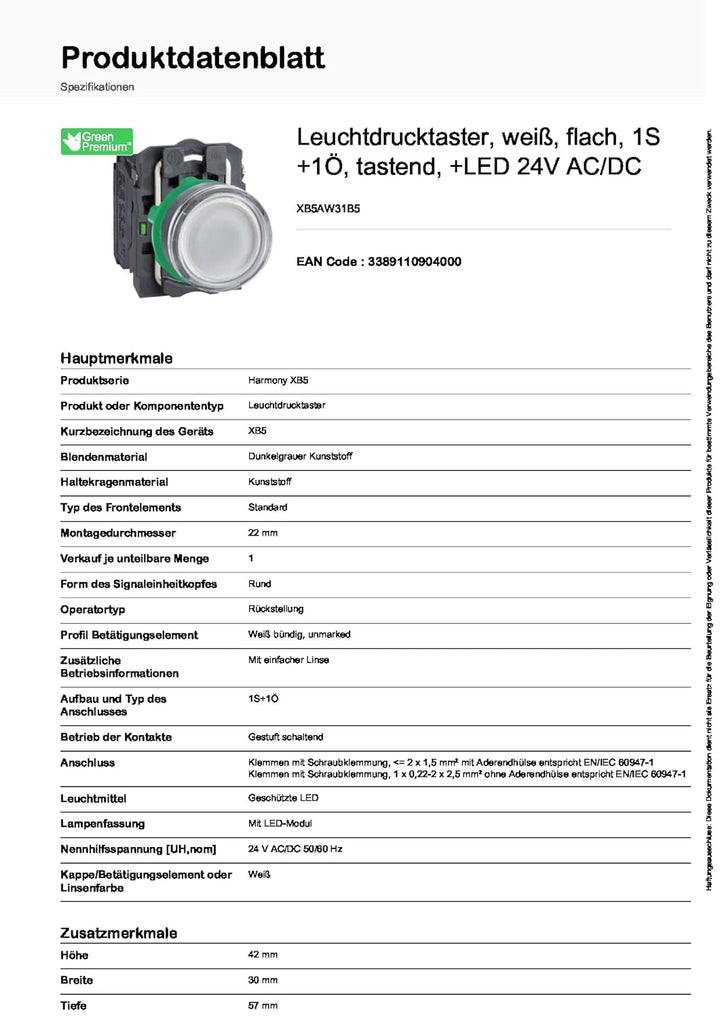 Schneider Electric | XB5AW31B5 - Leuchtdrucktaster, weiss, flach, 1S+1Ö, tastend, 24V AC/DC, LED wei