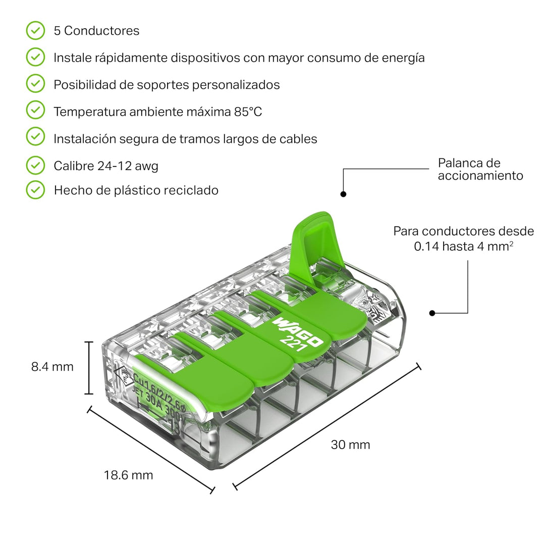 WAGO Green Range Klemme 5-Leiter I bis 4mm² I Verbindungsklemme 5 Leiter mit Hebeln für alle Leitera