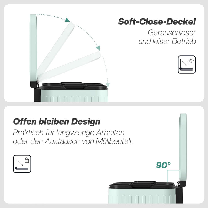 HOMCOM Mülleimer Küche 2 x 20 Liter Treteimer mit Abfallsortiersystem, Soft-Close-Deckel, Offenhalte