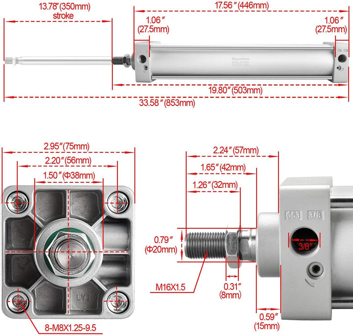 Heschen Pneumatischer Standard-Luftdruckzylinder, SC 63-350, PT3/8 Anschluss, 63mm Bohrung, 350mm Hu