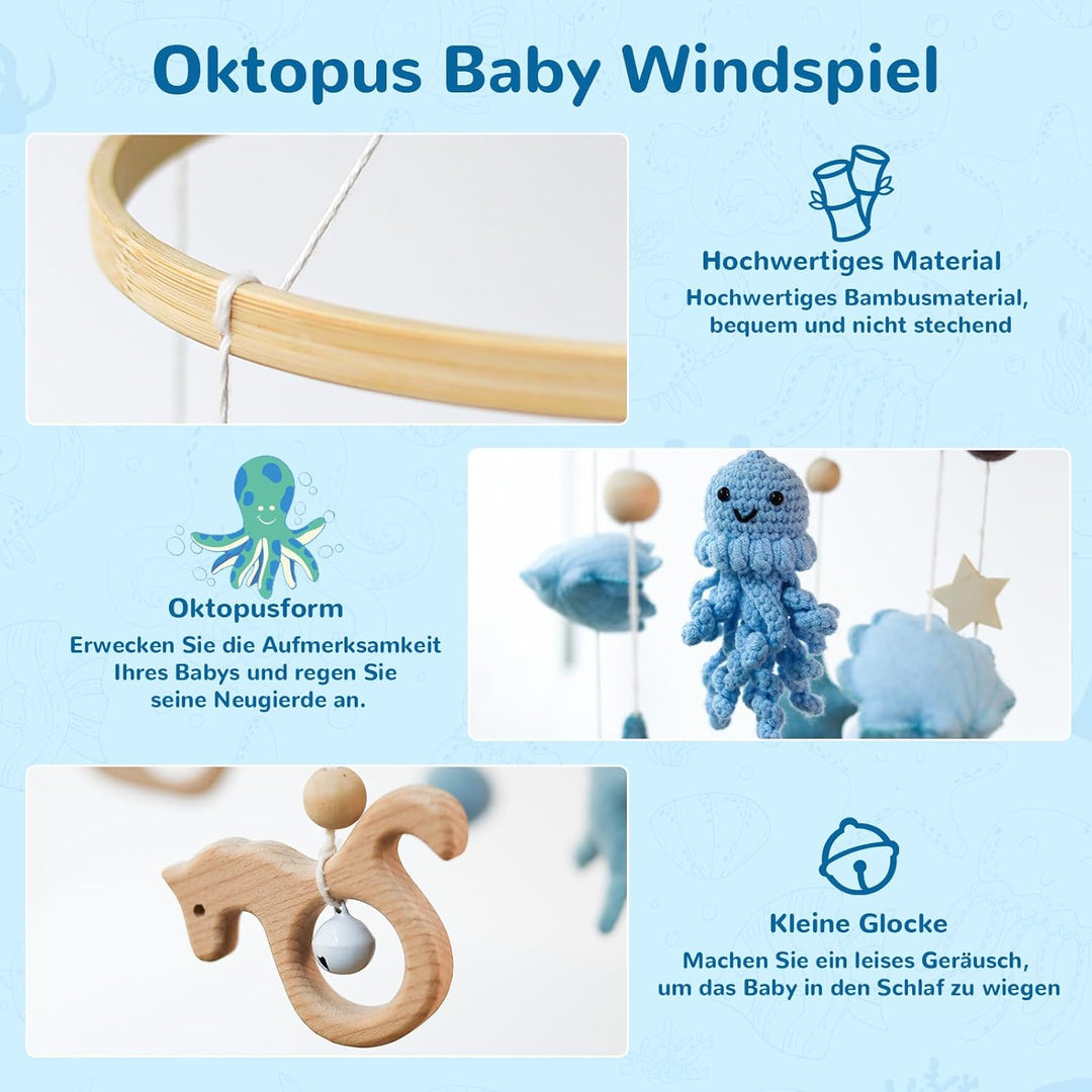 Oktopus Baby Mobile Babybett Hölz Windspiel, Oktopus Anhänger zum Häkeln, Meerestiere Bettglocke Bab