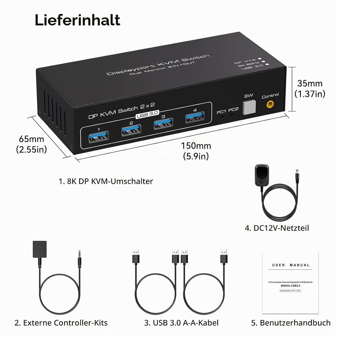 VPFET 4K120Hz Displayport KVM Switch 2 PC 2 Monitore 8K60Hz Dual Monitor | DP 1.4 KVM Switches for 2