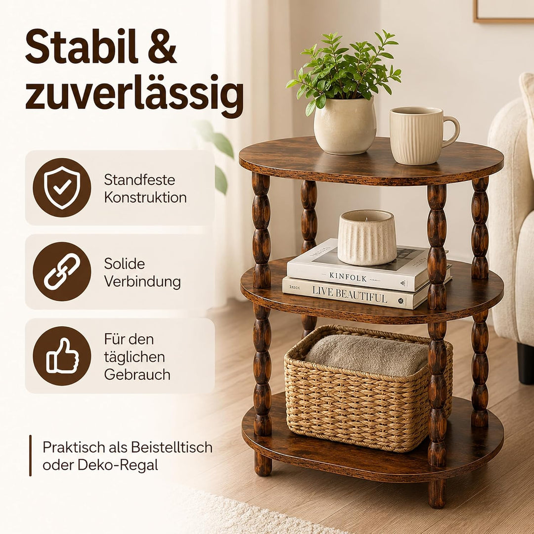 Beistelltisch 3 Ebenen, Oval, Klein, Vintage, Rustikales Braun