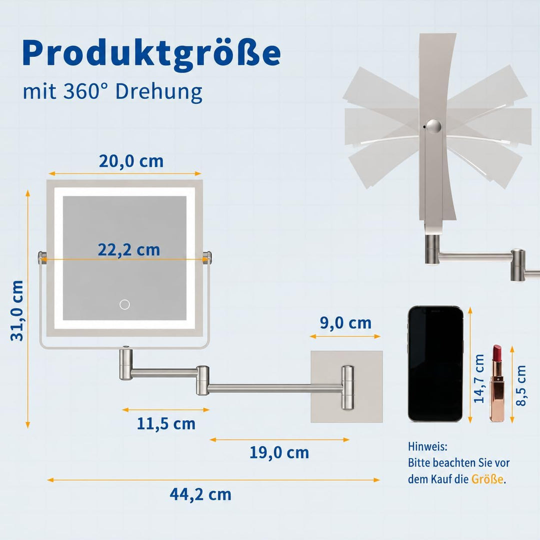 Ruacq Wiederaufladbarer Wand-Make-up-Spiegel mit Lichtern, doppelseitig, 1 x / 10-fache Vergrösserun