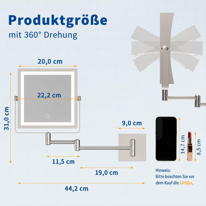 Ruacq Wiederaufladbarer Wand-Make-up-Spiegel mit Lichtern, doppelseitig, 1 x / 10-fache Vergrösserun