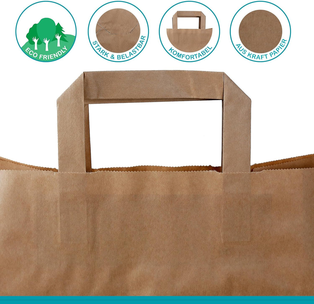 250 Stück Commerline Papiertüten Braun 26+17x25 cm | Kraftpapier Tüten Klein Mit Henkel | Tragetasch