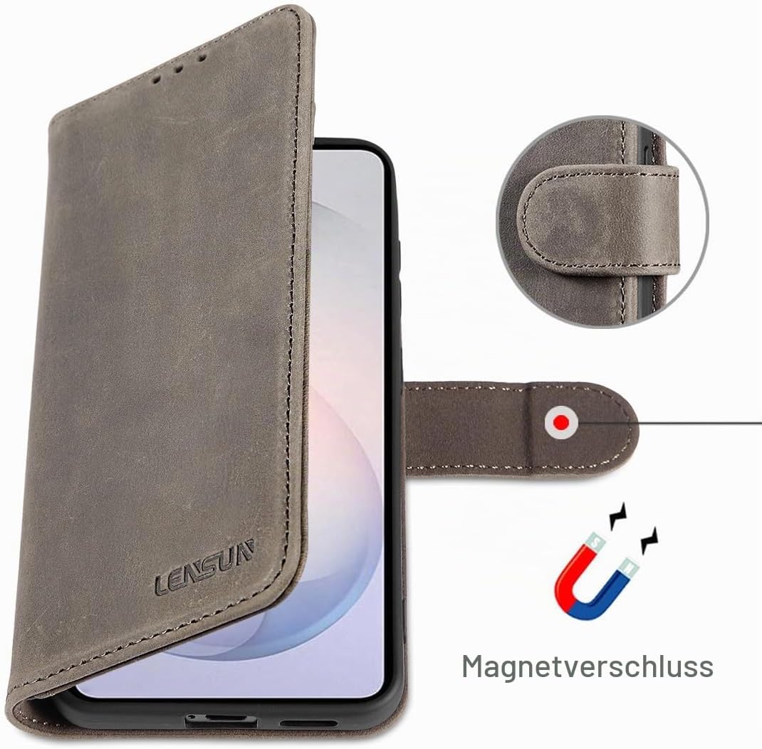LENSUN Handyhülle für Samsung Galaxy S26 Echtleder, Hülle [Kartenfach][Standfunktion][RFID Schutz] F