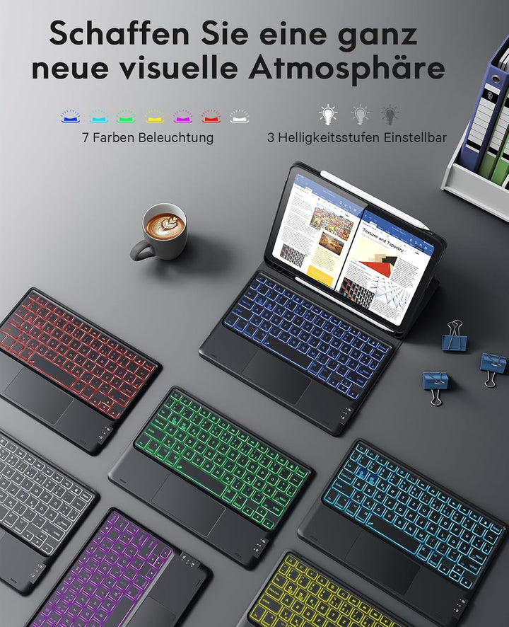 CHESONA iPad 10 Generation Hülle mit Tastatur(10,9, 2022), 7 Farben Beleuchtung, Multi Touch Trackpa