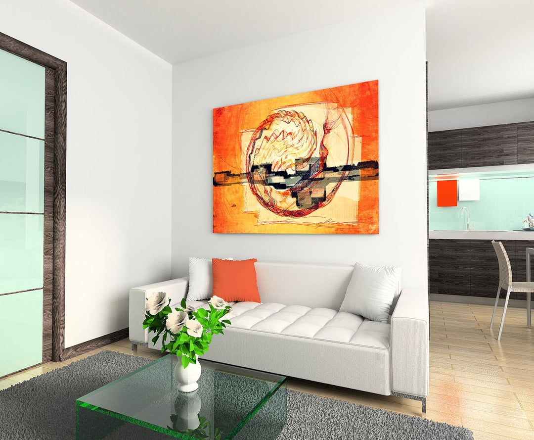 Abstrakte Bilder 100x70cm Abstrakt251 Kunstdruck auf Leinwand orange beige schwarz rot gelb fertig b