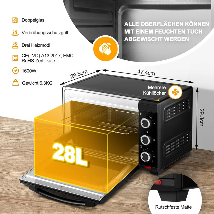 WOLTU Mini Backofen 25 Liter, 1500 Watt Toasterofen | Pizzaofen | Krümelblech mit Timer Minibackofen