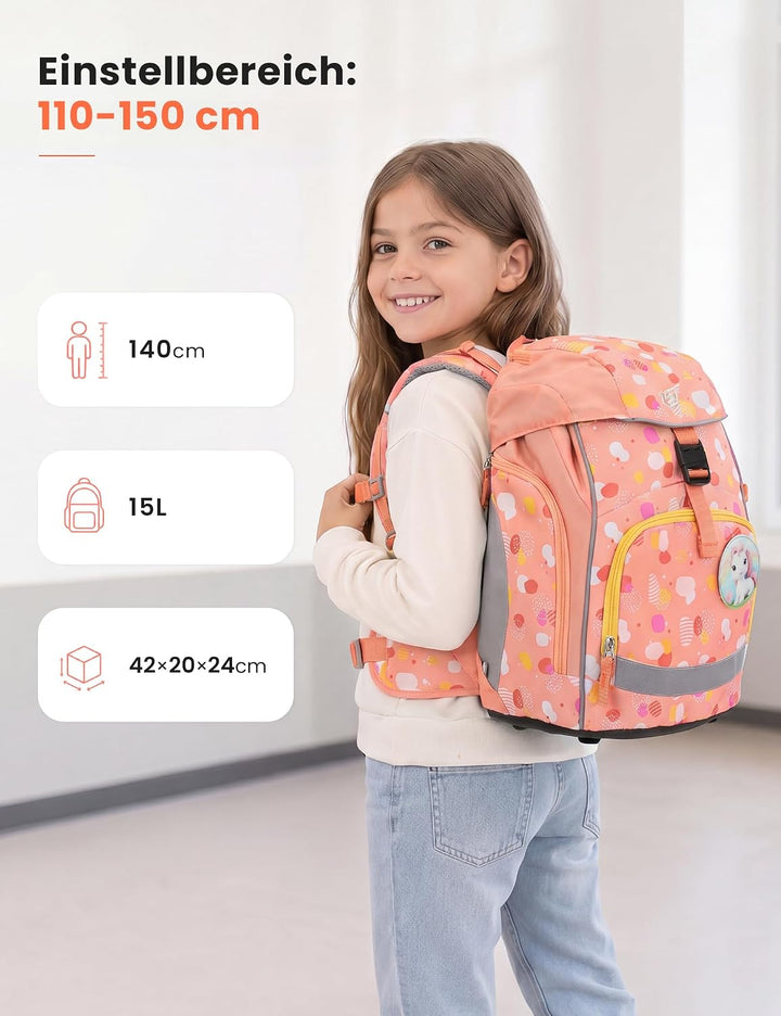 SKYSPER Schulranzen-Set 5-teilig, Schulrucksack Ergonomischer Tragesystem mit Regenhülle und Reflexs