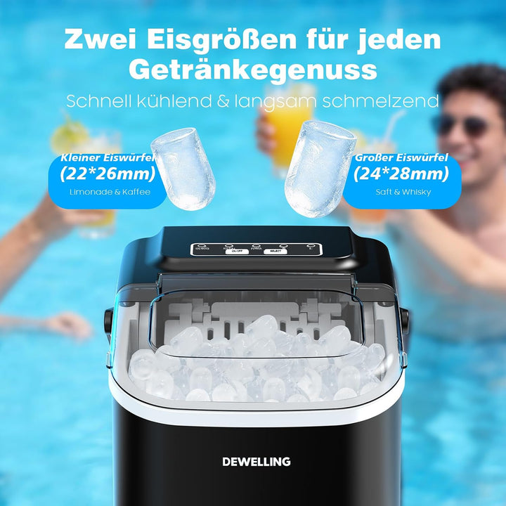 Eiswürfelmaschine – 8 Eiswürfel in 6 Minuten (12 kg/24 h), Selbstreinigend &amp; Leise, 2 Eiswürfelgröss