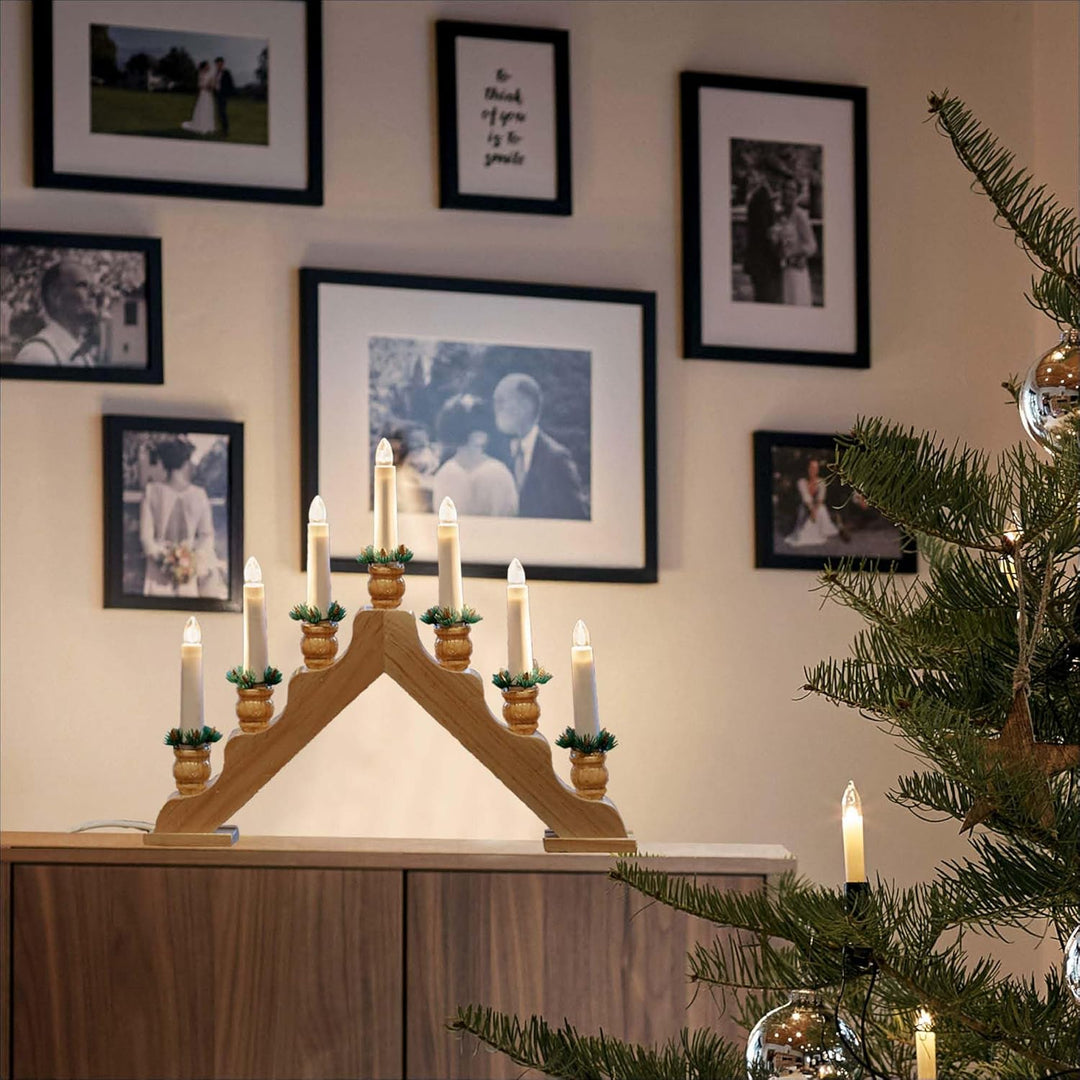 Hellum Schwibbogen Weihnachten für innen, Fensterbeleuchtung Weihnachten, 39x34cm naturfarben mit 7