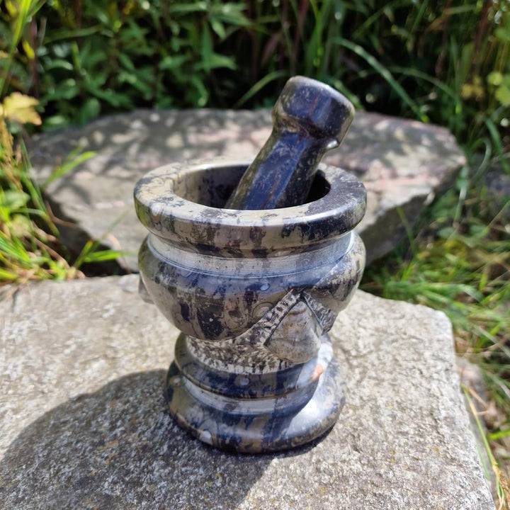 Budawi® Orthoceras Gewürz Mörser mit Stössel – Handgefertigter Küchenmörser aus Naturstein – Fossile