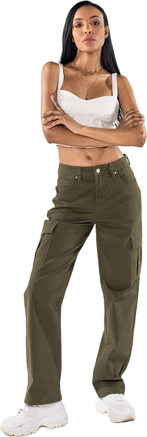 Nina Carter Q1885 Damen Cargo Jeans High Waist Cargohose Stretch Straight Leg Hose S Khaki (Q1885-2)