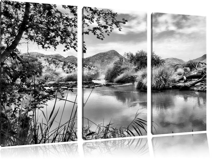 Pixxprint Monocrome, schöne Oase in der Savanne 3-Teiler Leinwandbild 120x80 Bild auf Leinwand