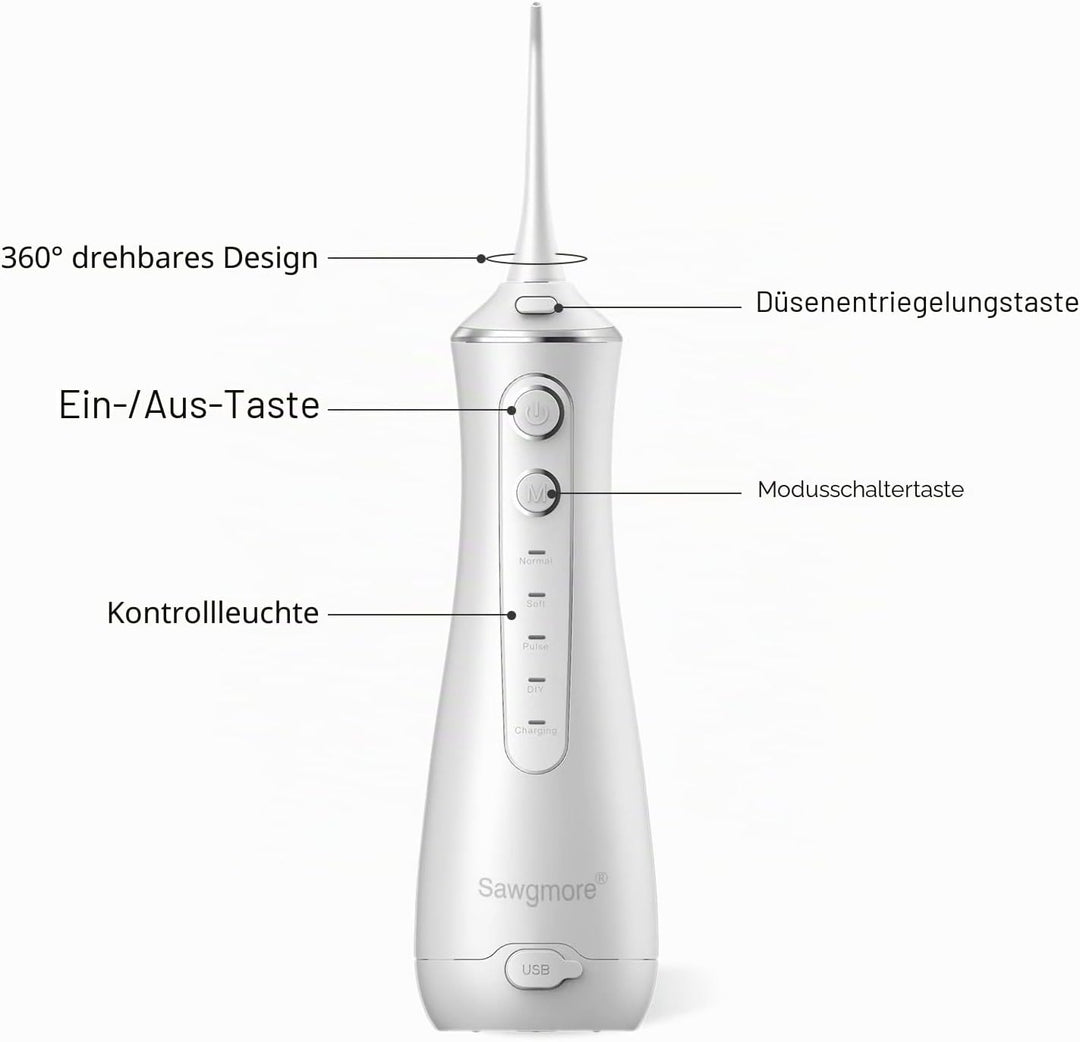 Sawgmore Munddusche Kabellos, Professionelle Elektrischer Zahnreiniger mit 4 Modi und 4 Ersatzdüsen,