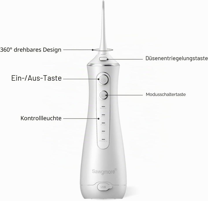 Sawgmore Munddusche Kabellos, Professionelle Elektrischer Zahnreiniger mit 4 Modi und 4 Ersatzdüsen,