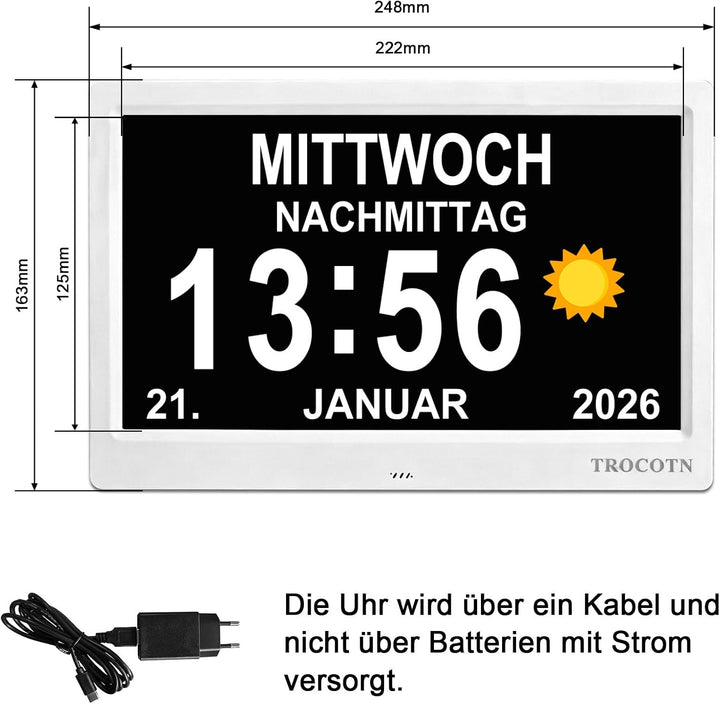 TROCOTN 10 Zoll Digitale Uhr Tagesuhr Grosses Display Wecker Wanduhr (Weiss) 10 Zoll Weiss, 10 Zoll
