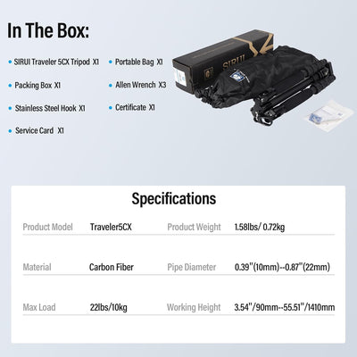 SIRUI Kohlefaser-Reisestativ, kompakt, leicht, Slik Stativ mit B00K Kopf, Arca Swiss Plate, Traglast