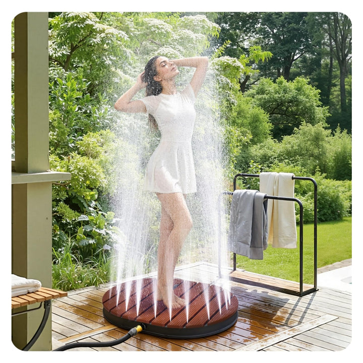 Bodendusche Outdoor WPC, Gartendusche Aussendusche mit Bodenplatte, Pooldusche mit 22 Messingdüsen,