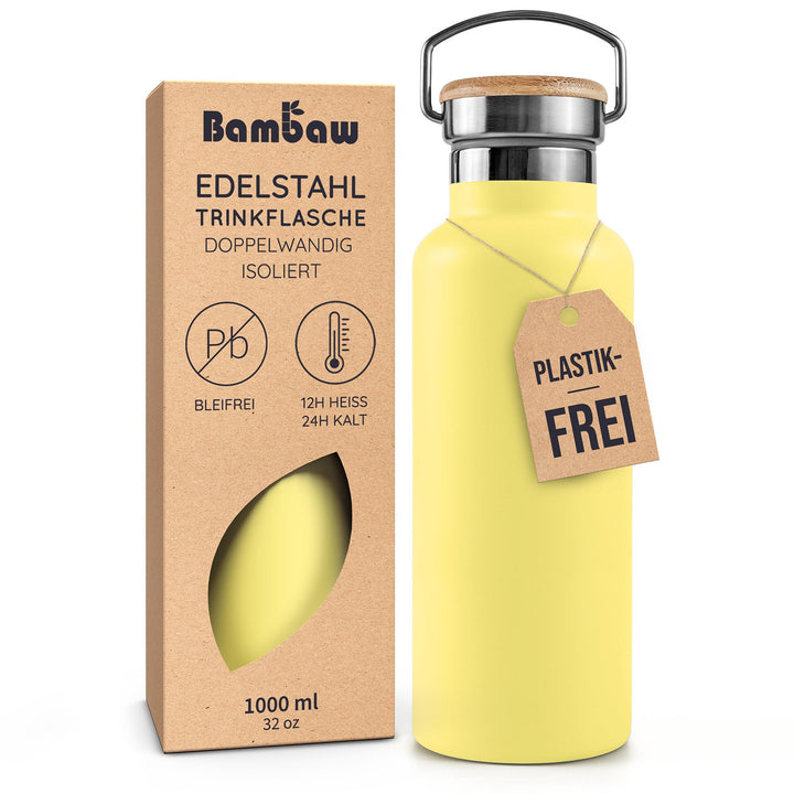 Bambaw Thermosflasche 1 Liter, Trinkflasche Gelb, Edelstahl Trinkflasche, Trinkflasche 1l Spülmaschi