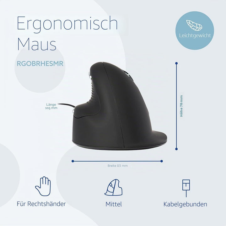 R-Go HE Break Ergonomische Maus, Vertikale Maus mit Anti-RSI-Software, Mittel (Handlänge 165-185mm),