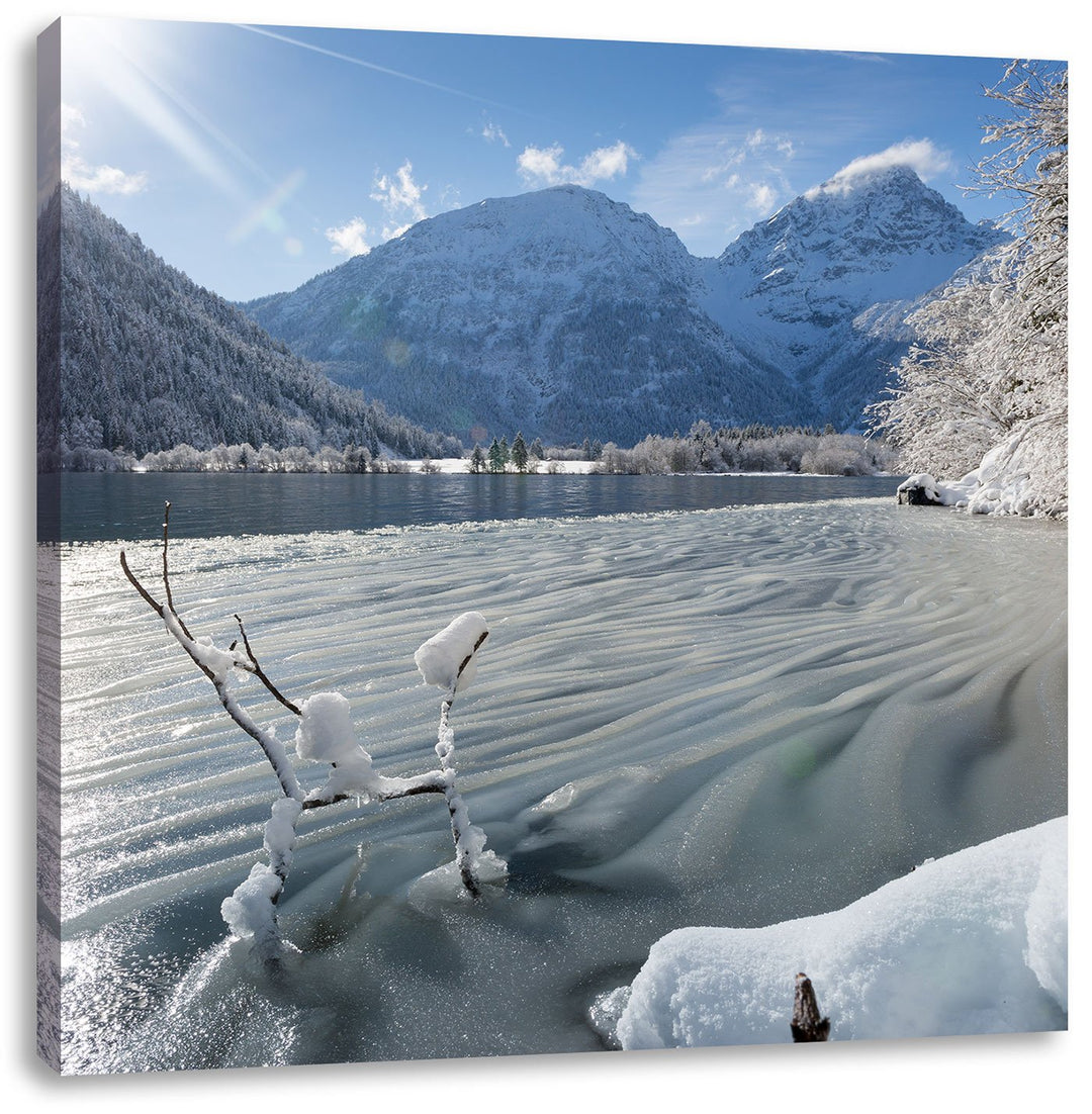 Winterlandschaft See, Format: 70x70 auf Leinwand, XXL riesige Bilder fertig gerahmt mit Keilrahmen,