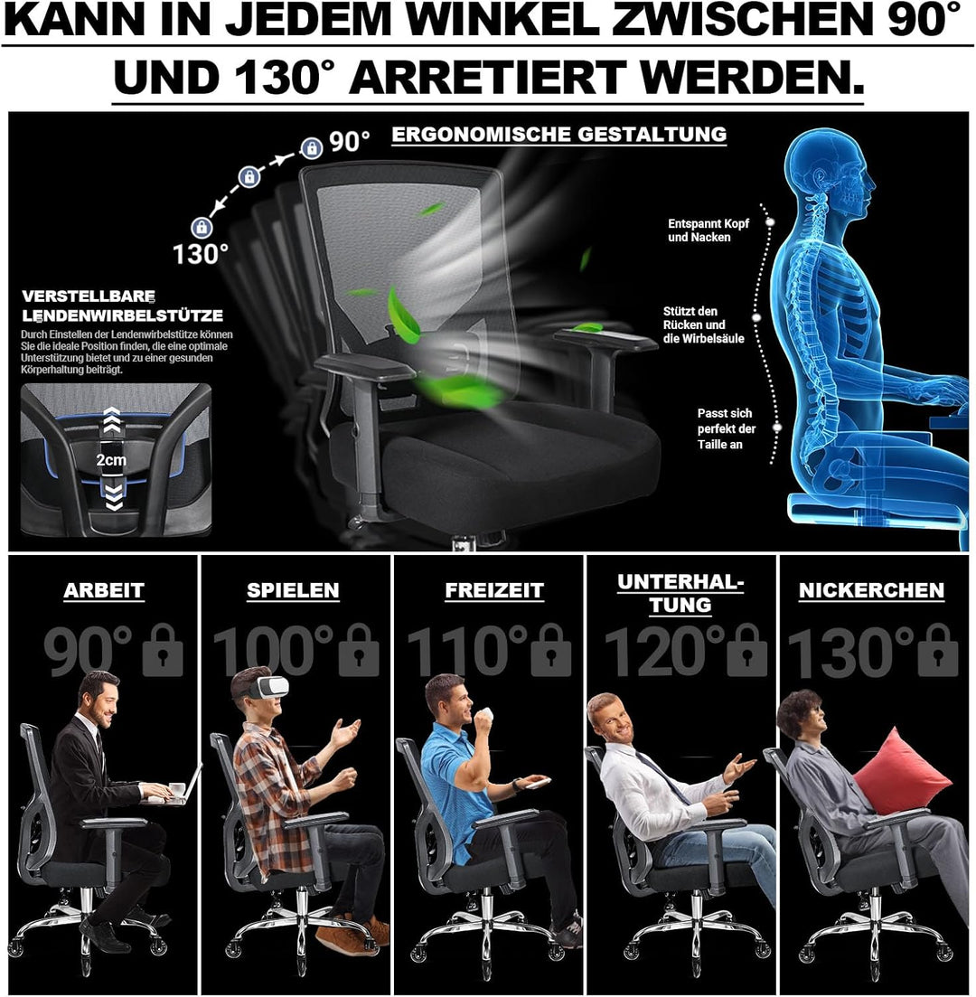 MELOKEA Bürostuhl 200KG XL [Lendenkissen Inklusive], Bürostuhl Ergonomisch 56 cm Sitzkissen, 56 cm S