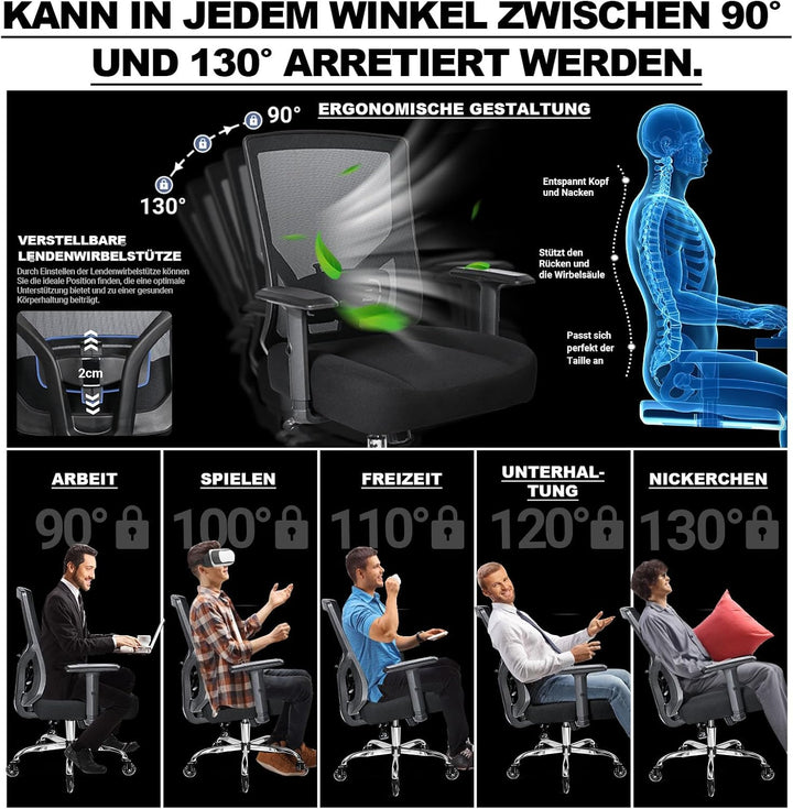 MELOKEA Bürostuhl 200KG XL [Lendenkissen Inklusive], Bürostuhl Ergonomisch 56 cm Sitzkissen, 56 cm S