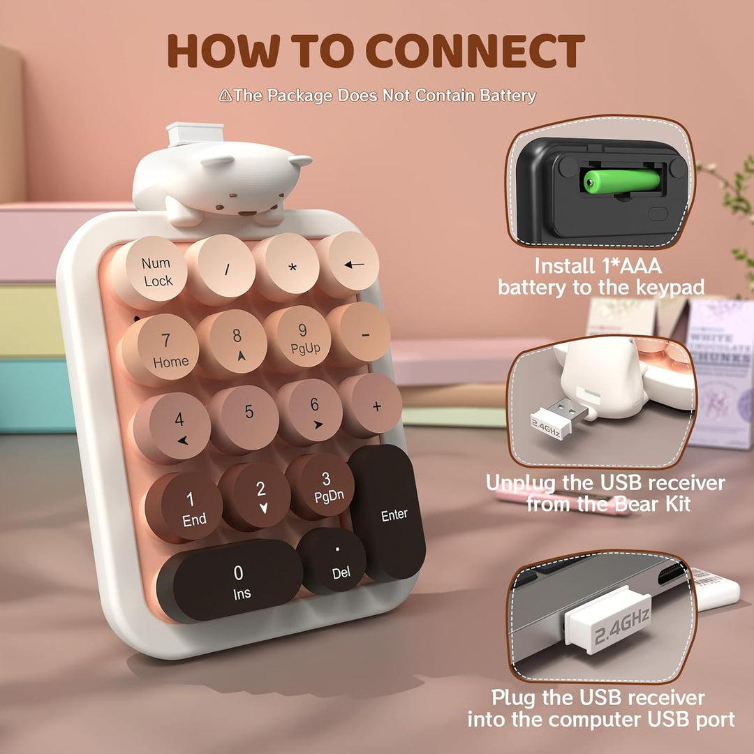 FELiCON Kabelloser Numeric Keypad, Tragbarer 18-Tasten-Mini-Ziffernblock mit Retro-Rundtasten und 2,